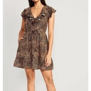 Old Navy Waist Defined Ruffle Trim Mini Dress Leopard Wild Spots Brown Large
